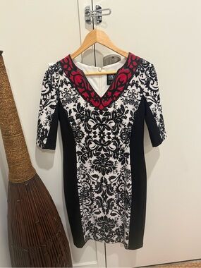 Jax Black and White Damask Midi Dress with Red Trim